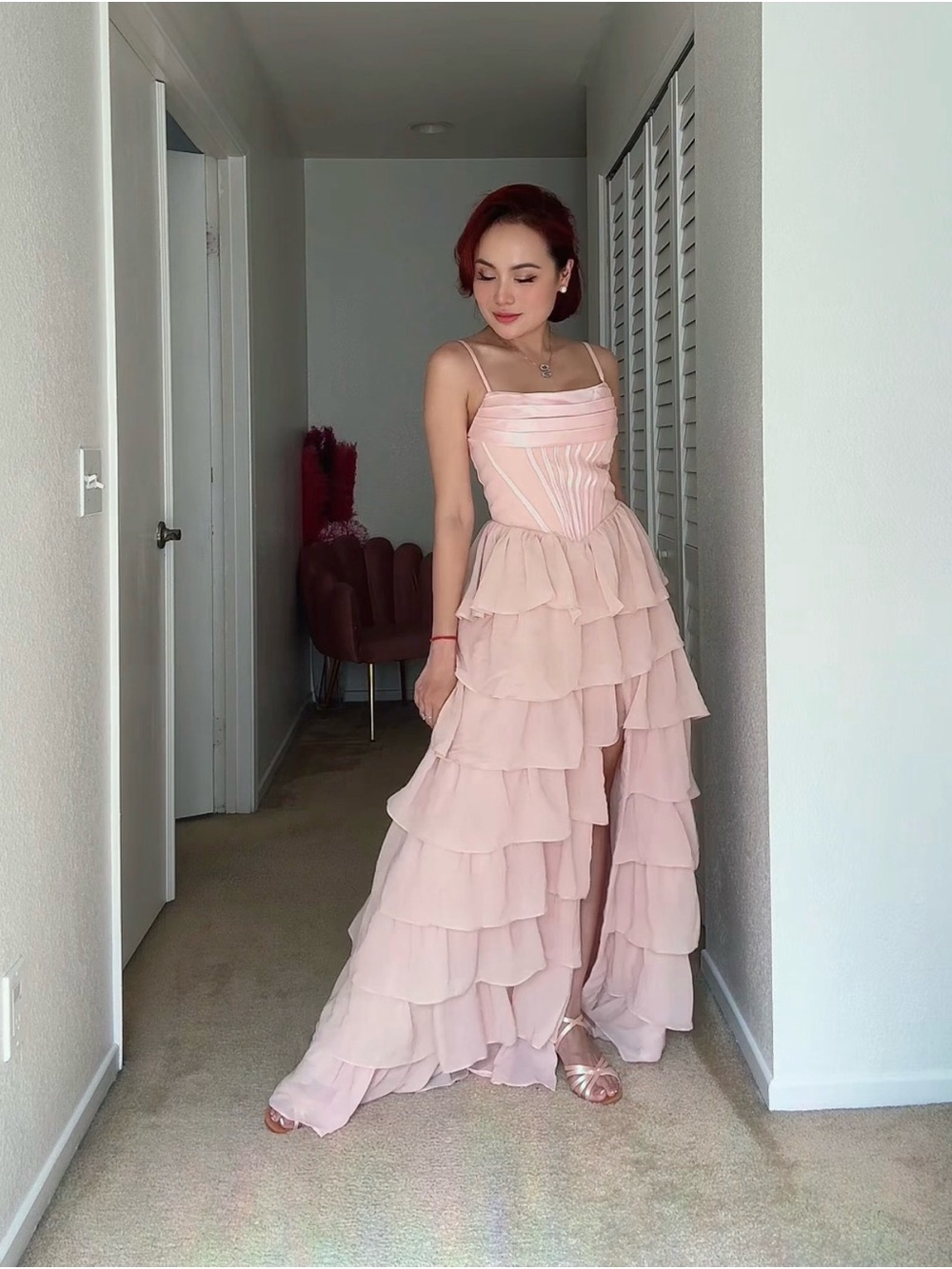 New with Tags Elegant Pink Tiered Ruffle Evening Dress
